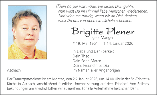 Anzeige von Brigitte Plener von MGO