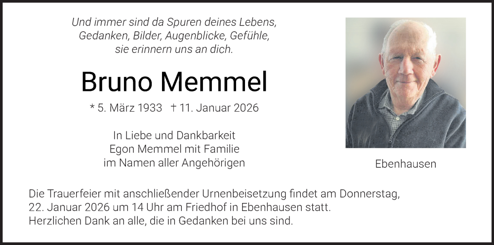  Traueranzeige für Bruno Memmel vom 17.01.2026 aus MGO