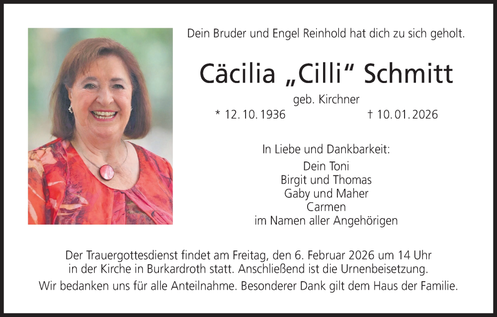  Traueranzeige für Cäcilia Schmitt vom 31.01.2026 aus MGO