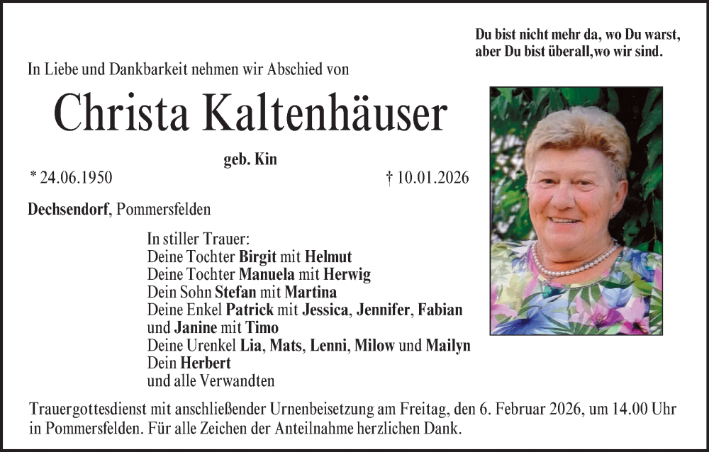  Traueranzeige für Christa Kaltenhäuser vom 24.01.2026 aus MGO