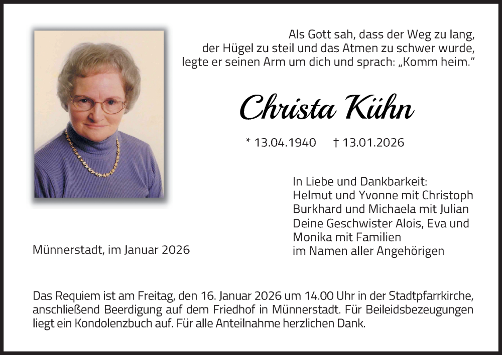  Traueranzeige für Christa Kühn vom 15.01.2026 aus MGO