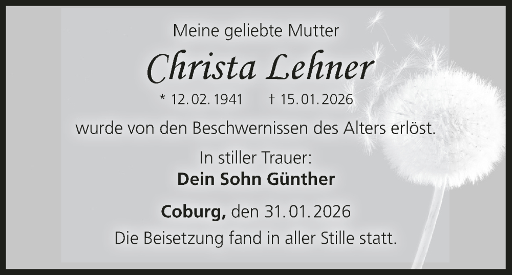  Traueranzeige für Christa Lehner vom 31.01.2026 aus MGO