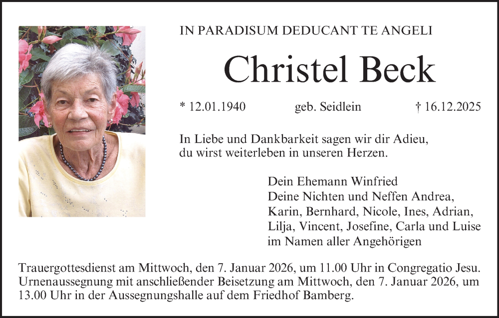  Traueranzeige für Christel Beck vom 03.01.2026 aus MGO