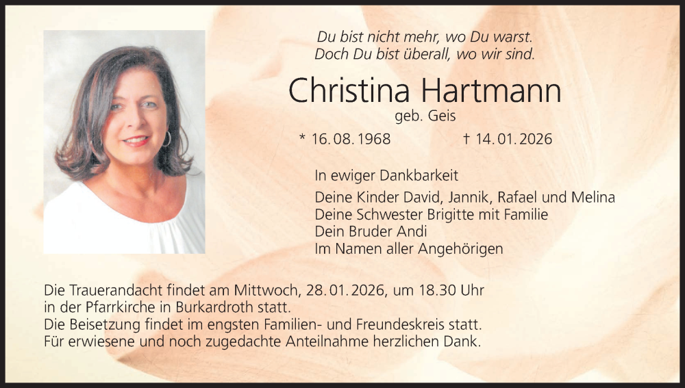  Traueranzeige für Christina Hartmann vom 24.01.2026 aus MGO