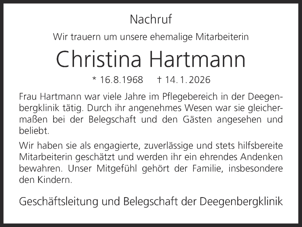  Traueranzeige für Christina Hartmann vom 24.01.2026 aus MGO