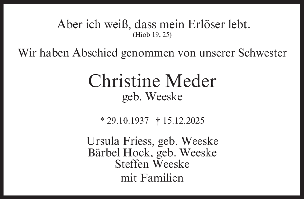  Traueranzeige für Christine Meder vom 10.01.2026 aus MGO