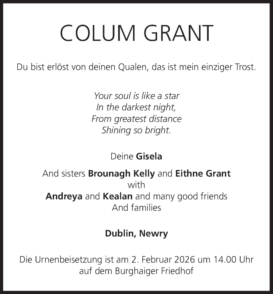  Traueranzeige für Colum Grant vom 17.01.2026 aus MGO