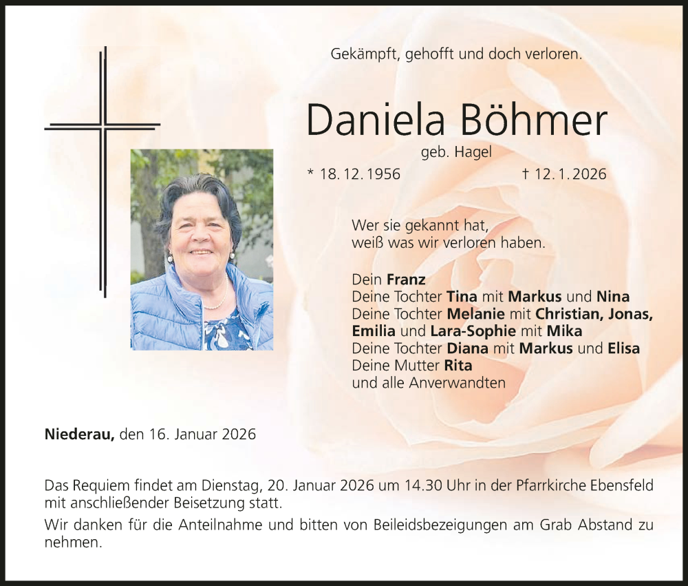  Traueranzeige für Daniela Böhmer vom 16.01.2026 aus MGO