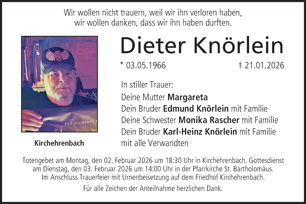  Traueranzeige für Dieter Knörlein vom 31.01.2026 aus MGO