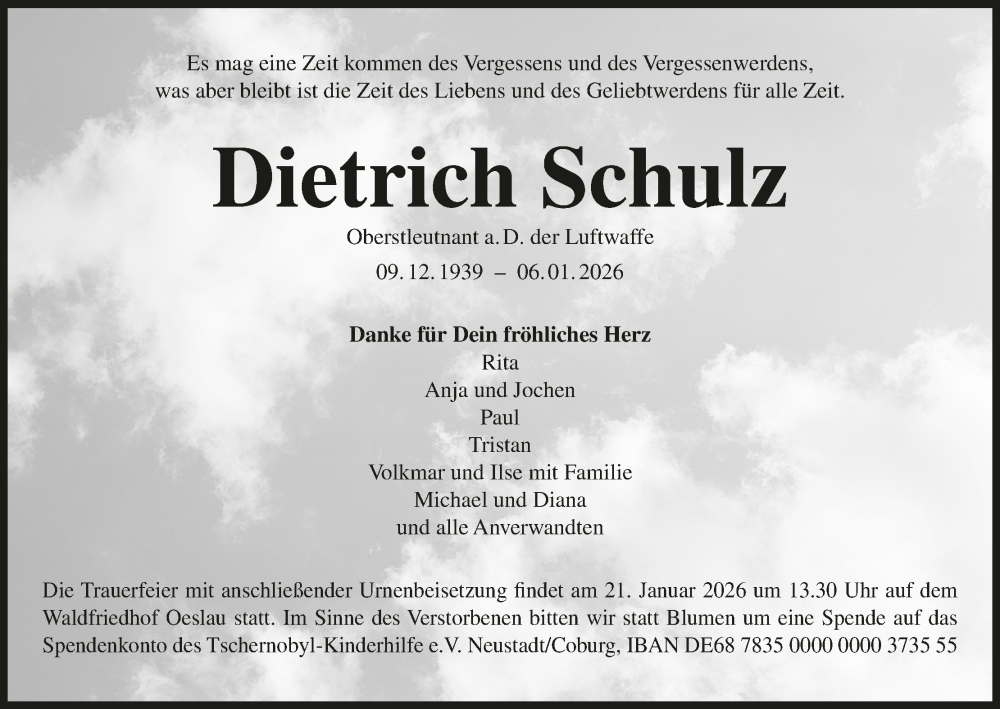  Traueranzeige für Dietrich Schulz vom 17.01.2026 aus MGO