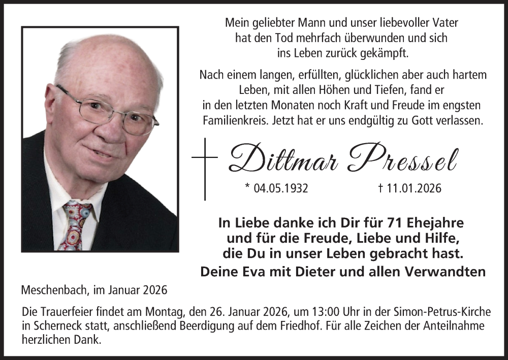  Traueranzeige für Dittmar Pressel vom 23.01.2026 aus MGO