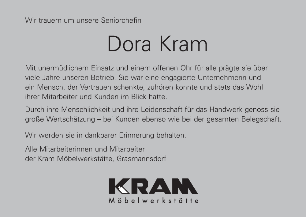 Traueranzeige für Dora Kram vom 24.01.2026 aus MGO