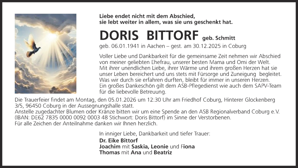  Traueranzeige für Doris Bittorf vom 03.01.2026 aus MGO