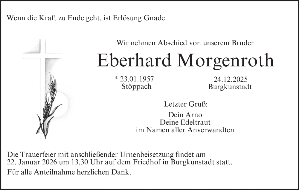  Traueranzeige für Eberhard Morgenroth vom 17.01.2026 aus MGO