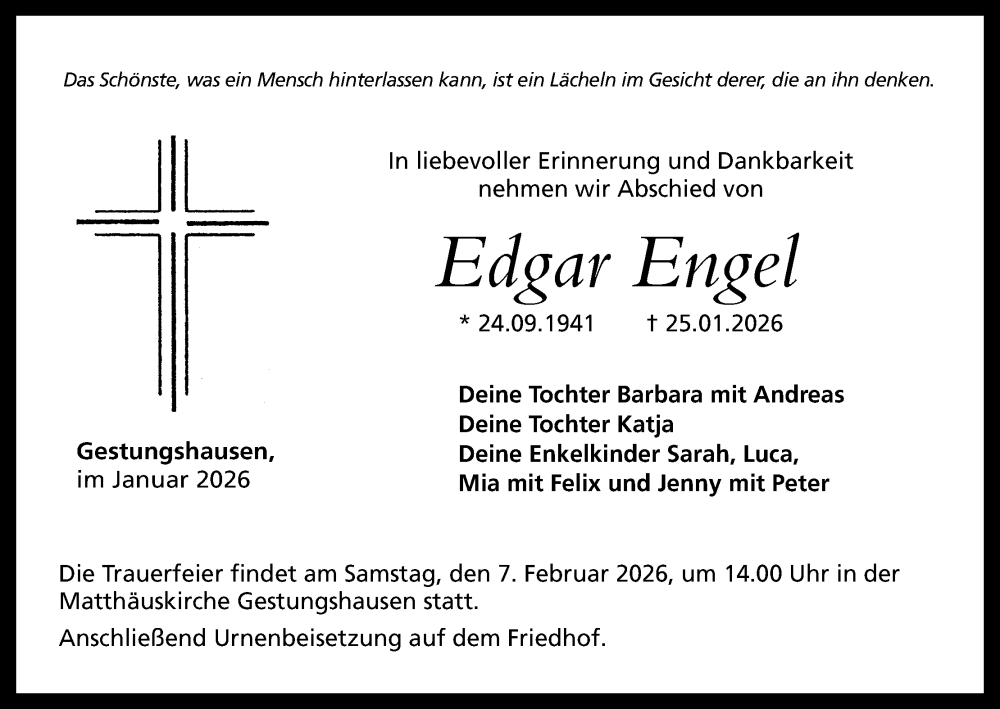  Traueranzeige für Edgar Engel vom 31.01.2026 aus MGO