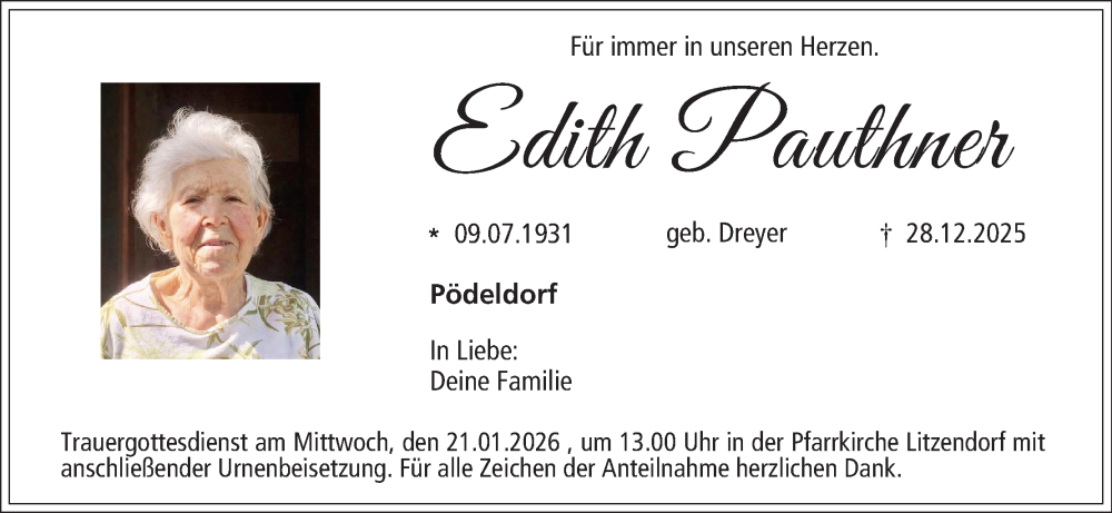  Traueranzeige für Edith Pauthner vom 17.01.2026 aus MGO