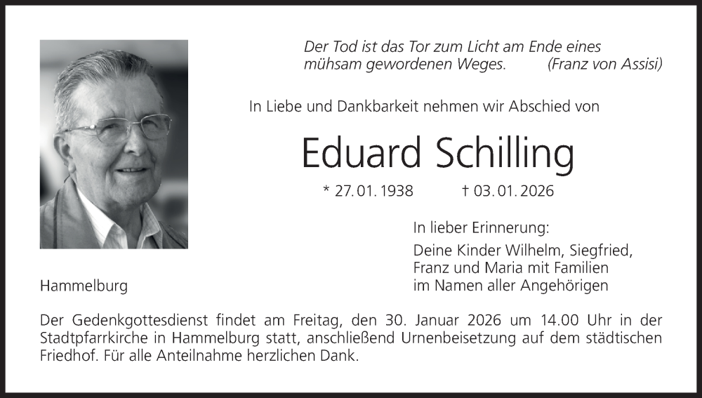  Traueranzeige für Eduard Schilling vom 10.01.2026 aus MGO