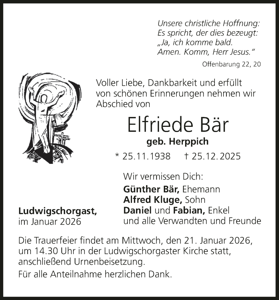  Traueranzeige für Elfriede Bär vom 17.01.2026 aus MGO