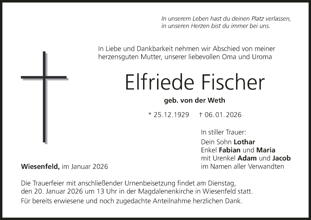  Traueranzeige für Elfriede Fischer vom 14.01.2026 aus MGO