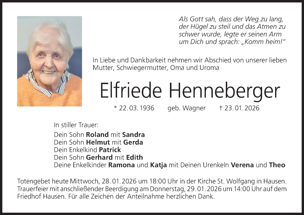  Traueranzeige für Elfriede Henneberger vom 28.01.2026 aus MGO