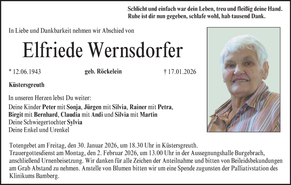  Traueranzeige für Elfriede Wernsdorfer vom 24.01.2026 aus MGO