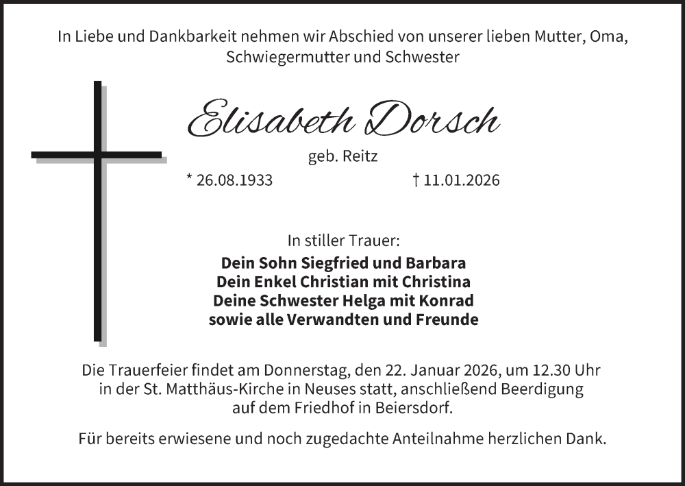  Traueranzeige für Elisabeth Dorsch vom 17.01.2026 aus MGO