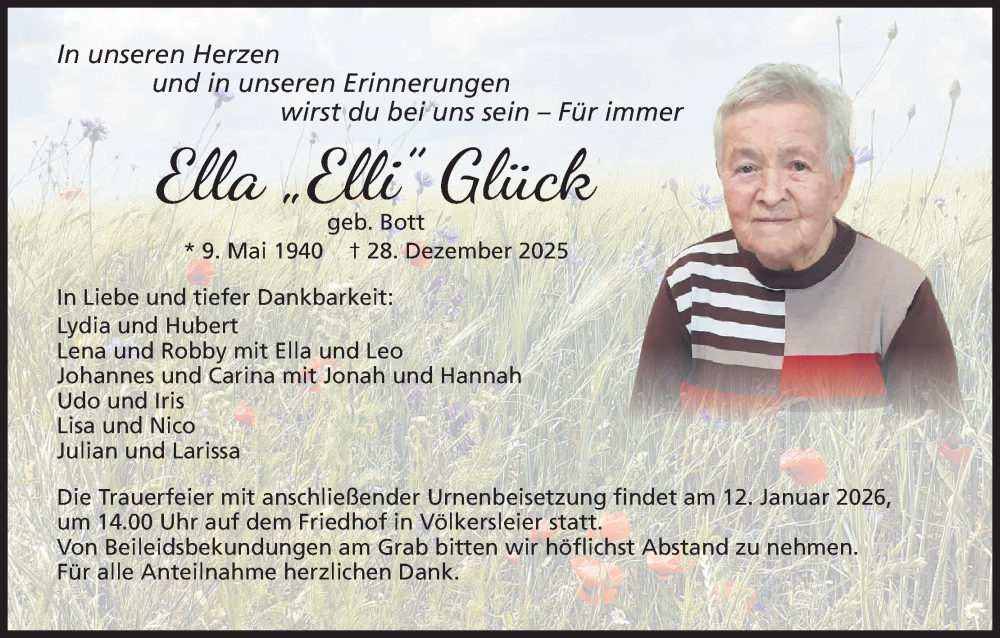  Traueranzeige für Ella Glück vom 08.01.2026 aus MGO