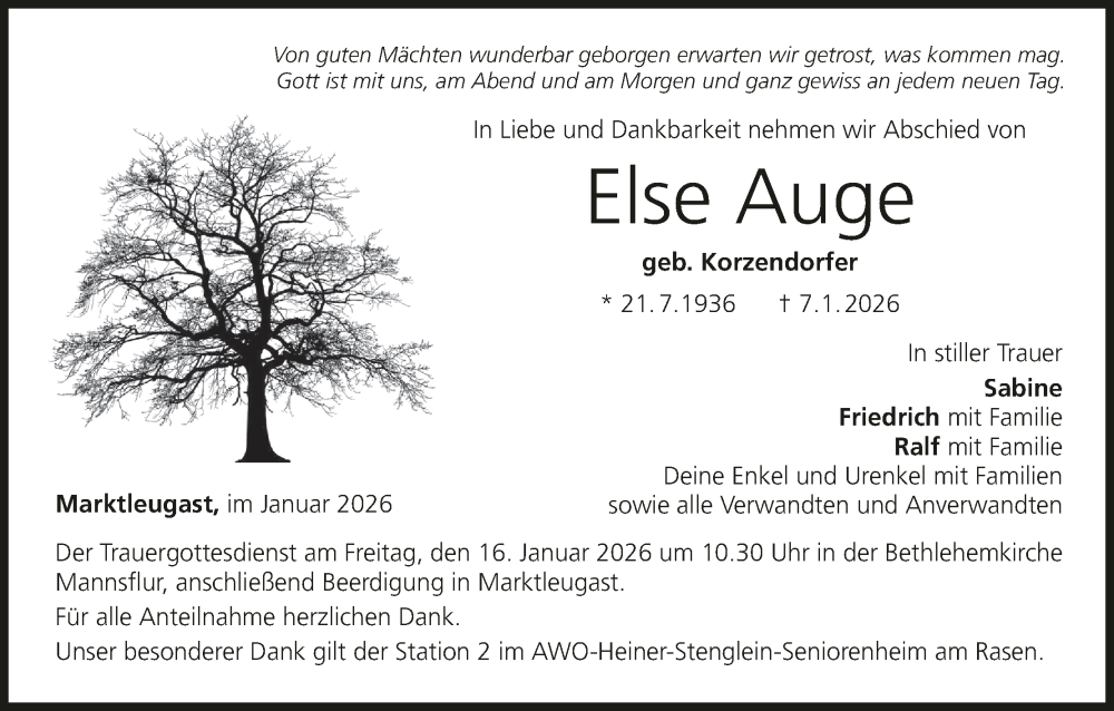  Traueranzeige für Else Auge vom 13.01.2026 aus MGO