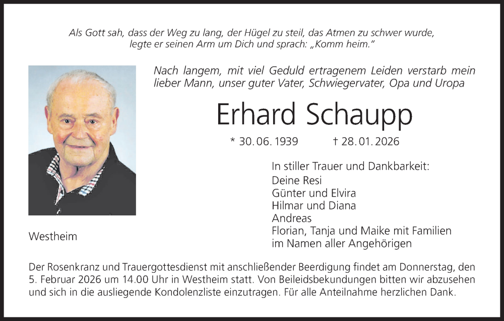  Traueranzeige für Erhard Schaupp vom 31.01.2026 aus MGO
