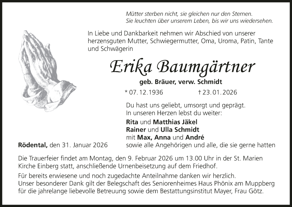  Traueranzeige für Erika Baumgärtner vom 31.01.2026 aus MGO