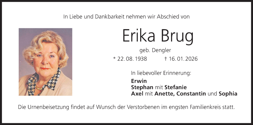  Traueranzeige für Erika Brug vom 24.01.2026 aus MGO