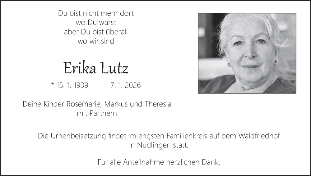  Traueranzeige für Erika Lutz vom 24.01.2026 aus MGO