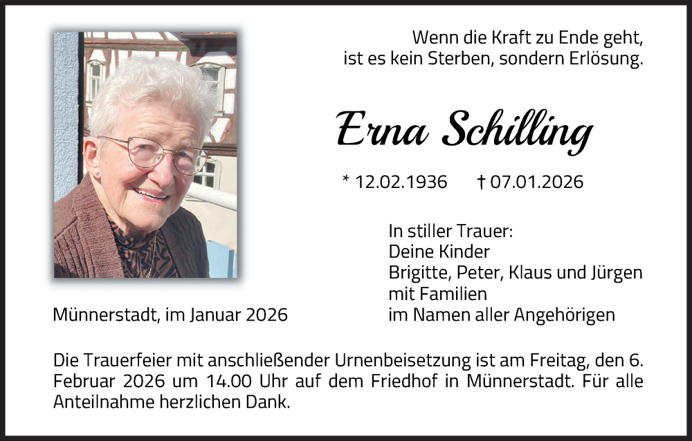  Traueranzeige für Erna Schilling vom 31.01.2026 aus MGO