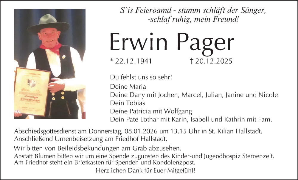  Traueranzeige für Erwin Pager vom 03.01.2026 aus MGO
