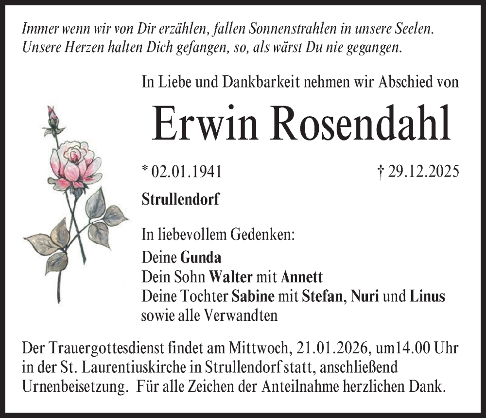  Traueranzeige für Erwin Rosendahl vom 10.01.2026 aus MGO