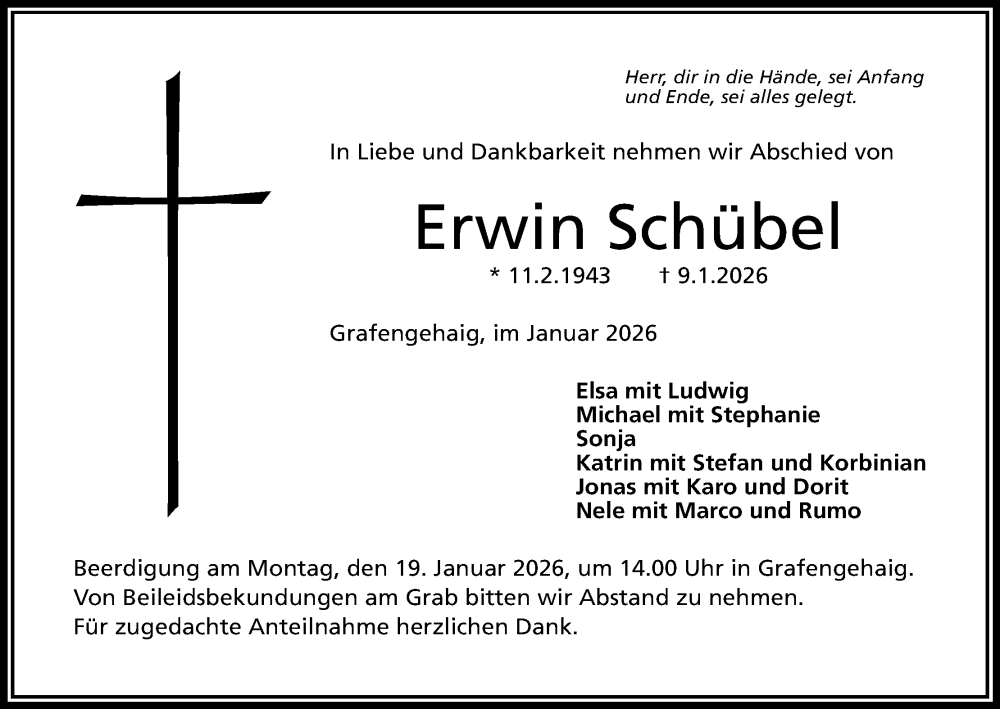  Traueranzeige für Erwin Schübel vom 15.01.2026 aus MGO