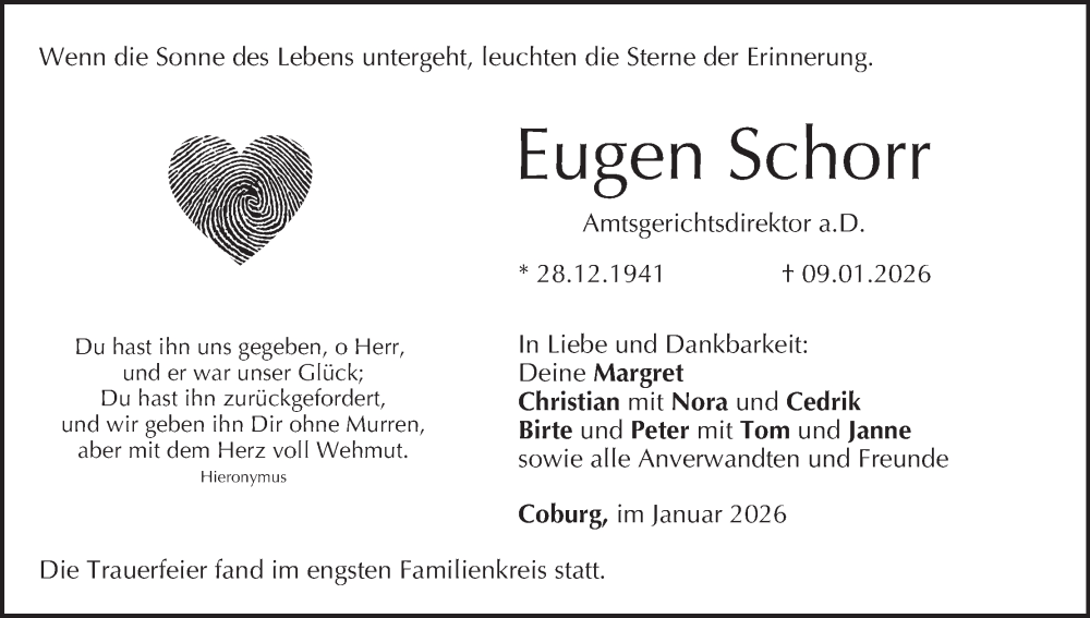  Traueranzeige für Eugen Schorr vom 24.01.2026 aus MGO