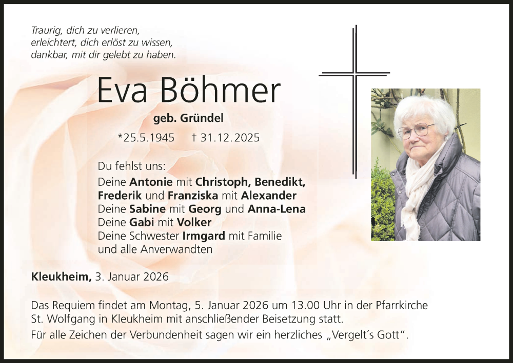  Traueranzeige für Eva Böhmer vom 03.01.2026 aus MGO