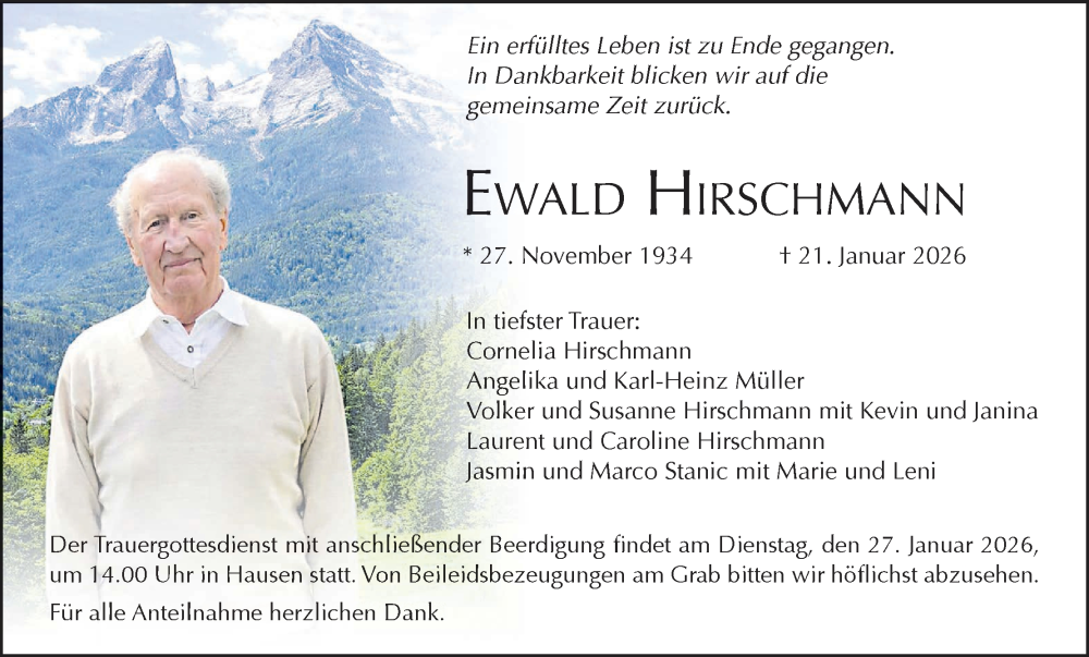  Traueranzeige für Ewald Hirschmann vom 24.01.2026 aus MGO