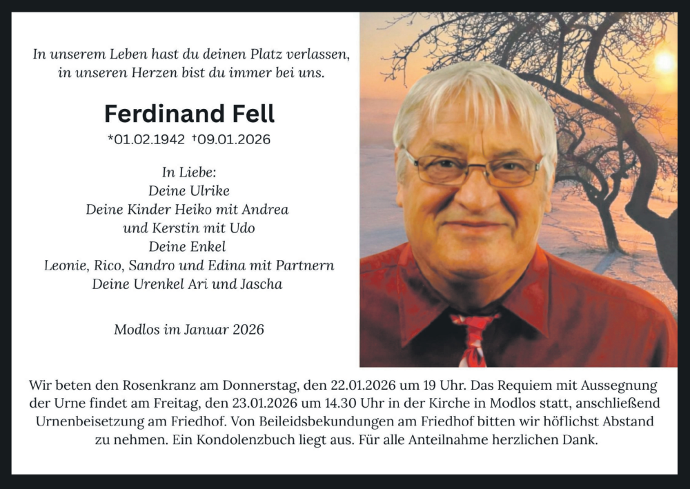  Traueranzeige für Ferdinand Fell vom 17.01.2026 aus MGO