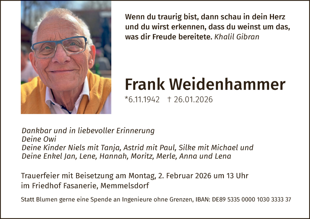  Traueranzeige für Frank Weidenhammer vom 31.01.2026 aus MGO