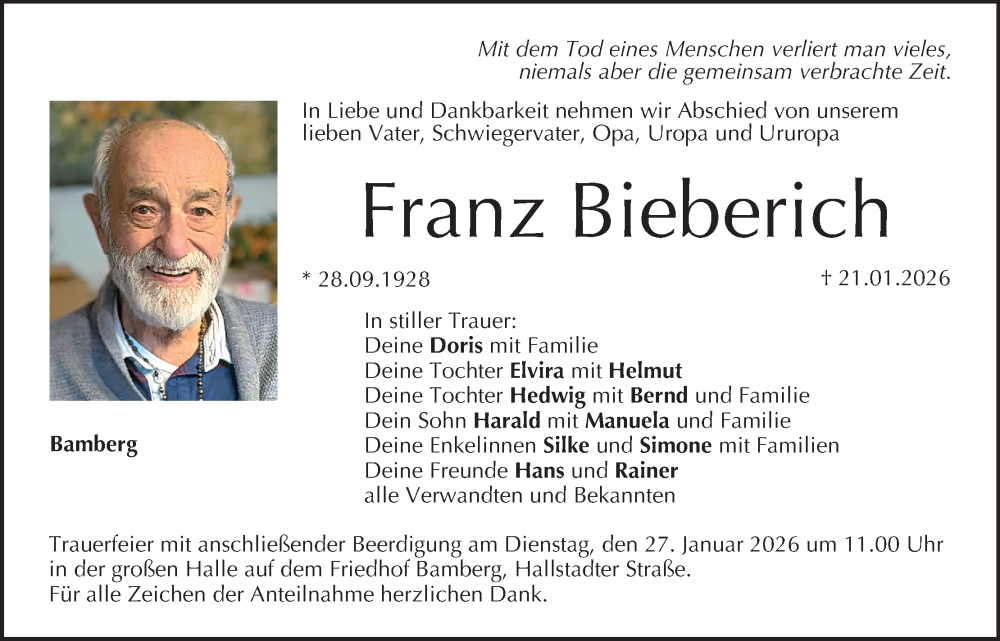  Traueranzeige für Franz Bieberich vom 24.01.2026 aus MGO
