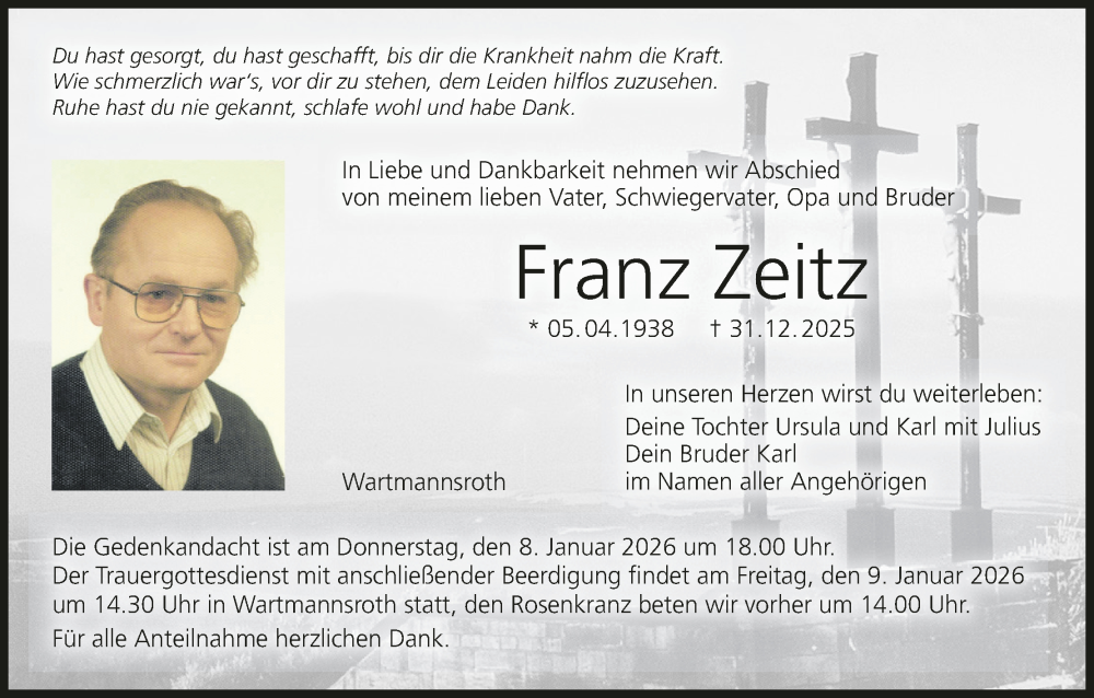  Traueranzeige für Franz Zeitz vom 07.01.2026 aus MGO