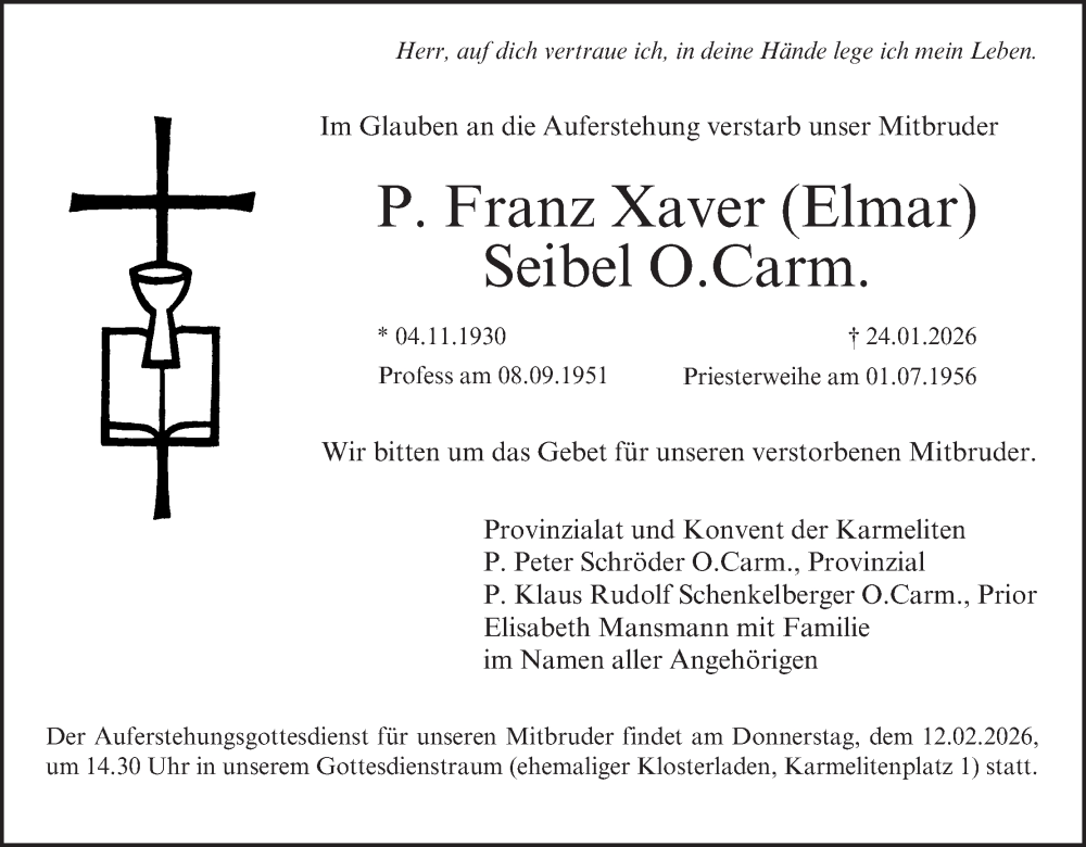  Traueranzeige für Franz Xaver Seibel vom 31.01.2026 aus MGO
