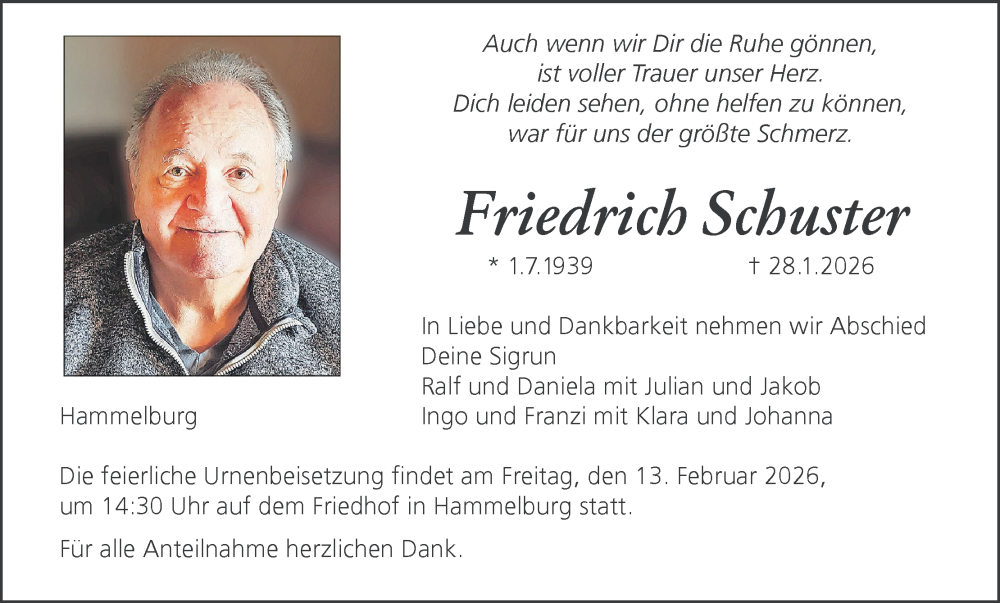  Traueranzeige für Friedrich Schuster vom 31.01.2026 aus MGO