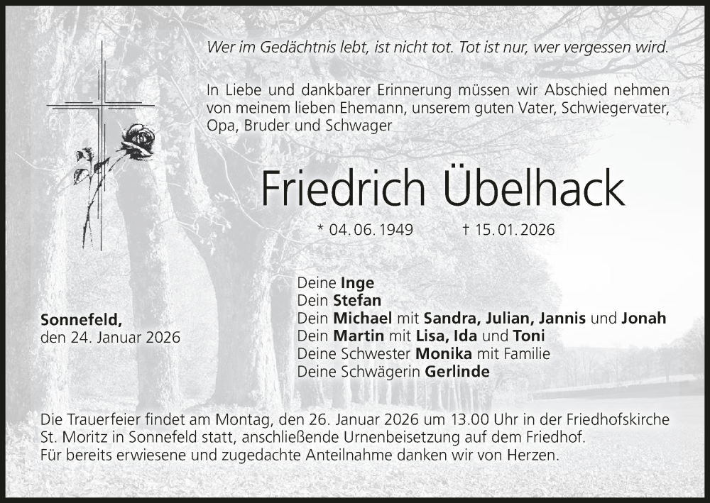  Traueranzeige für Friedrich Übelhack vom 24.01.2026 aus MGO