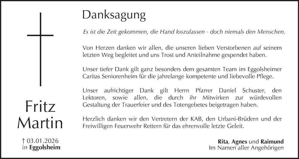  Traueranzeige für Fritz Martin vom 17.01.2026 aus MGO