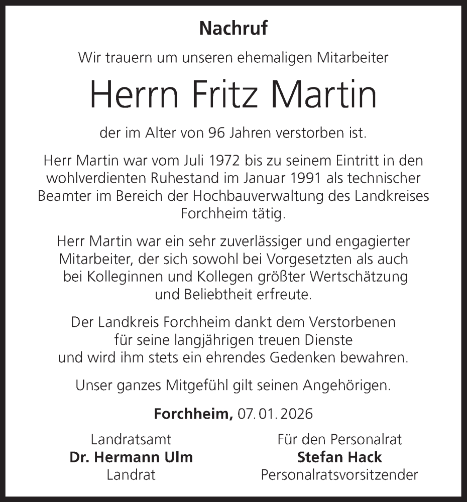  Traueranzeige für Fritz Martin vom 08.01.2026 aus MGO