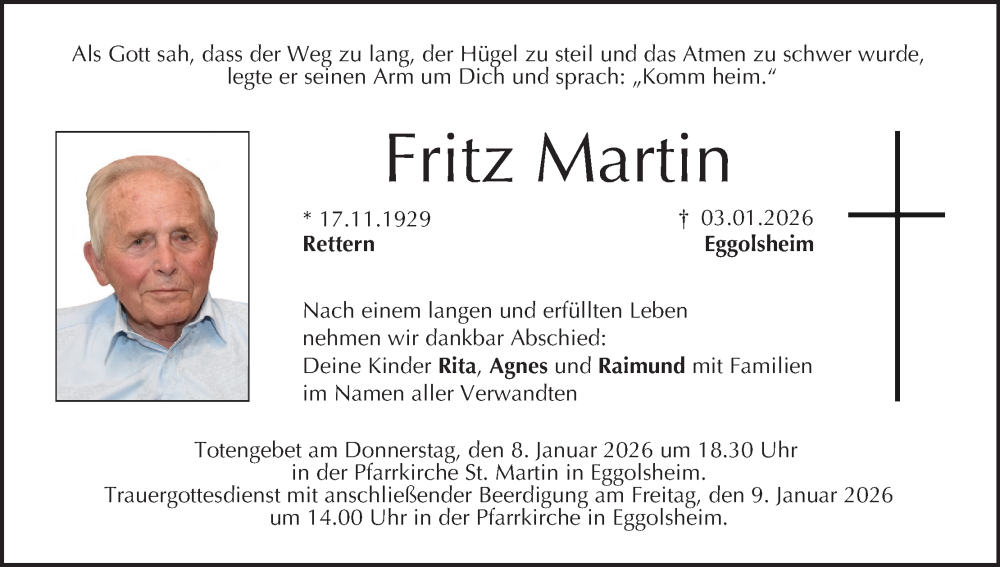 Traueranzeige für Fritz Martin vom 07.01.2026 aus MGO