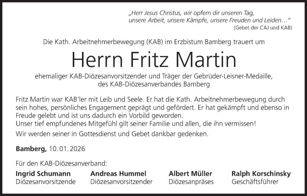  Traueranzeige für Fritz Martin vom 10.01.2026 aus MGO